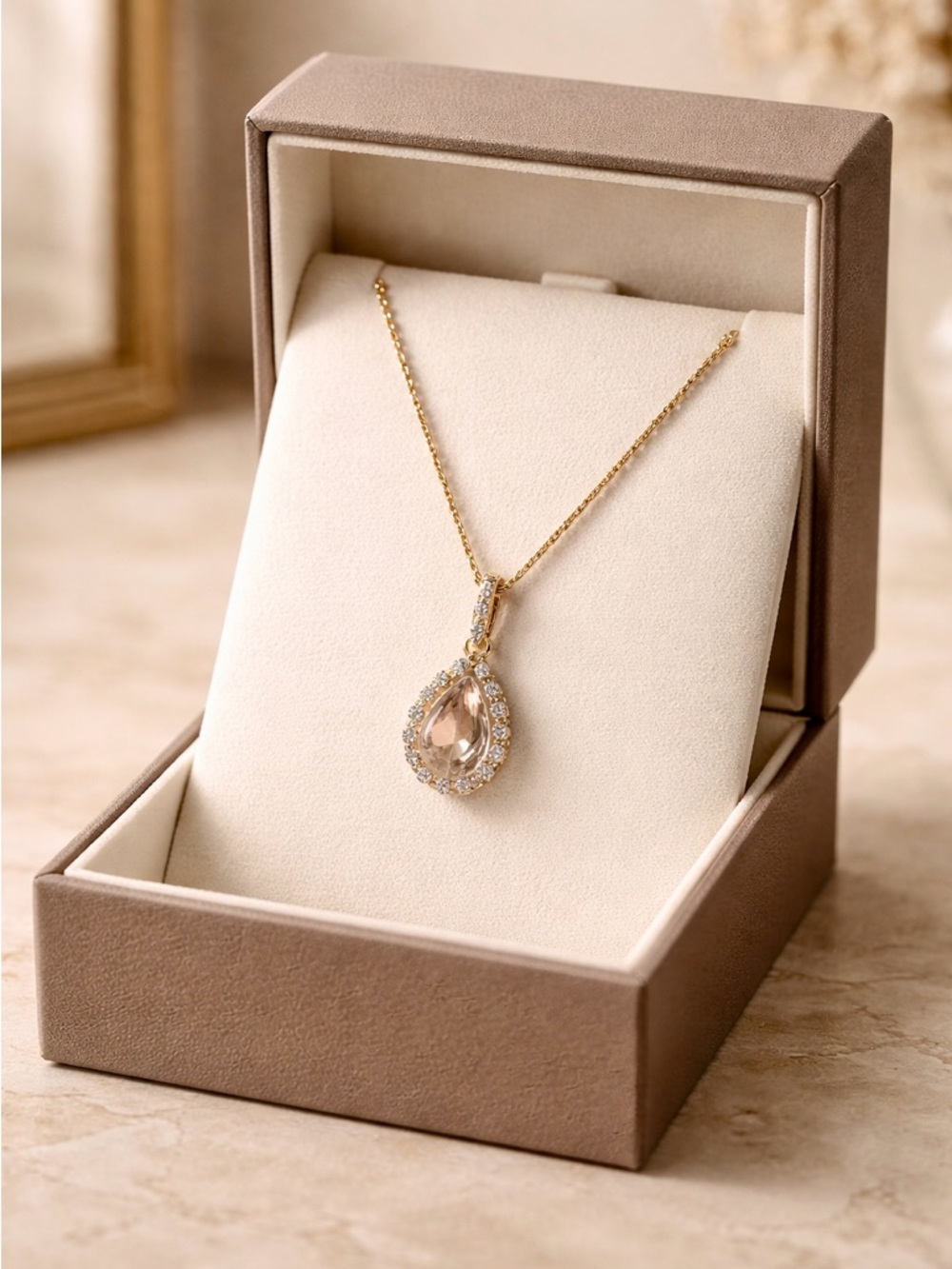 Rose Gold Teardrop Morganite Necklace with Gen.Diamond Halo Accents